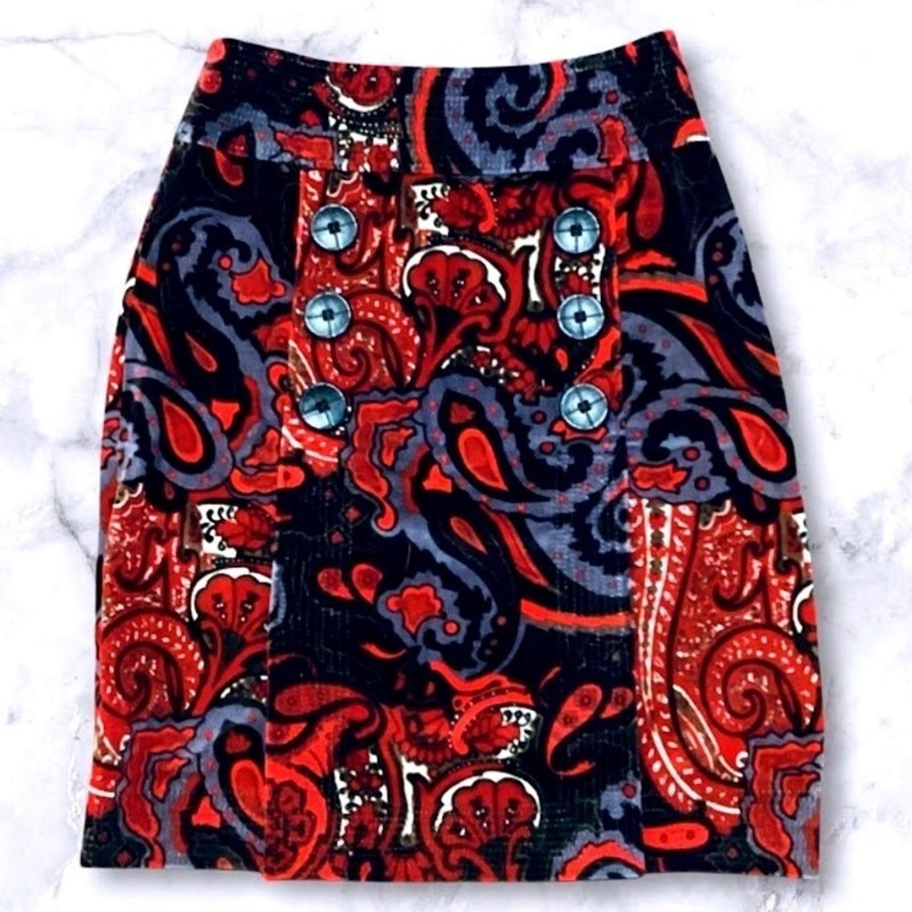Etcetera Velvet Paisley Burnt Red Front Button Detail Skirt Size 2